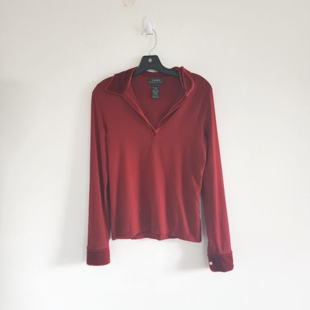 Lauren Ralph Lauren Deep Red Knit Long Sleeve Shirt With Velour Trim Siz…